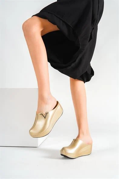 Capone Kally Z6188 Women Gold Platform V Clip Accessory Clog Sandals