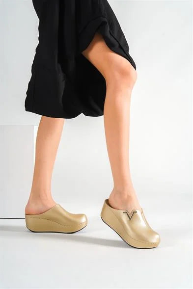 Capone Kally Z6188 Women Gold Platform V Clip Accessory Clog Sandals
